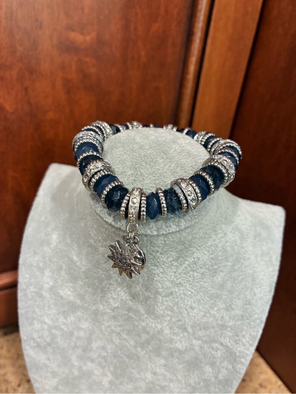 Navy Blue & Silver DREAM Moon Charm Beaded Stretch Statement Bracelet
